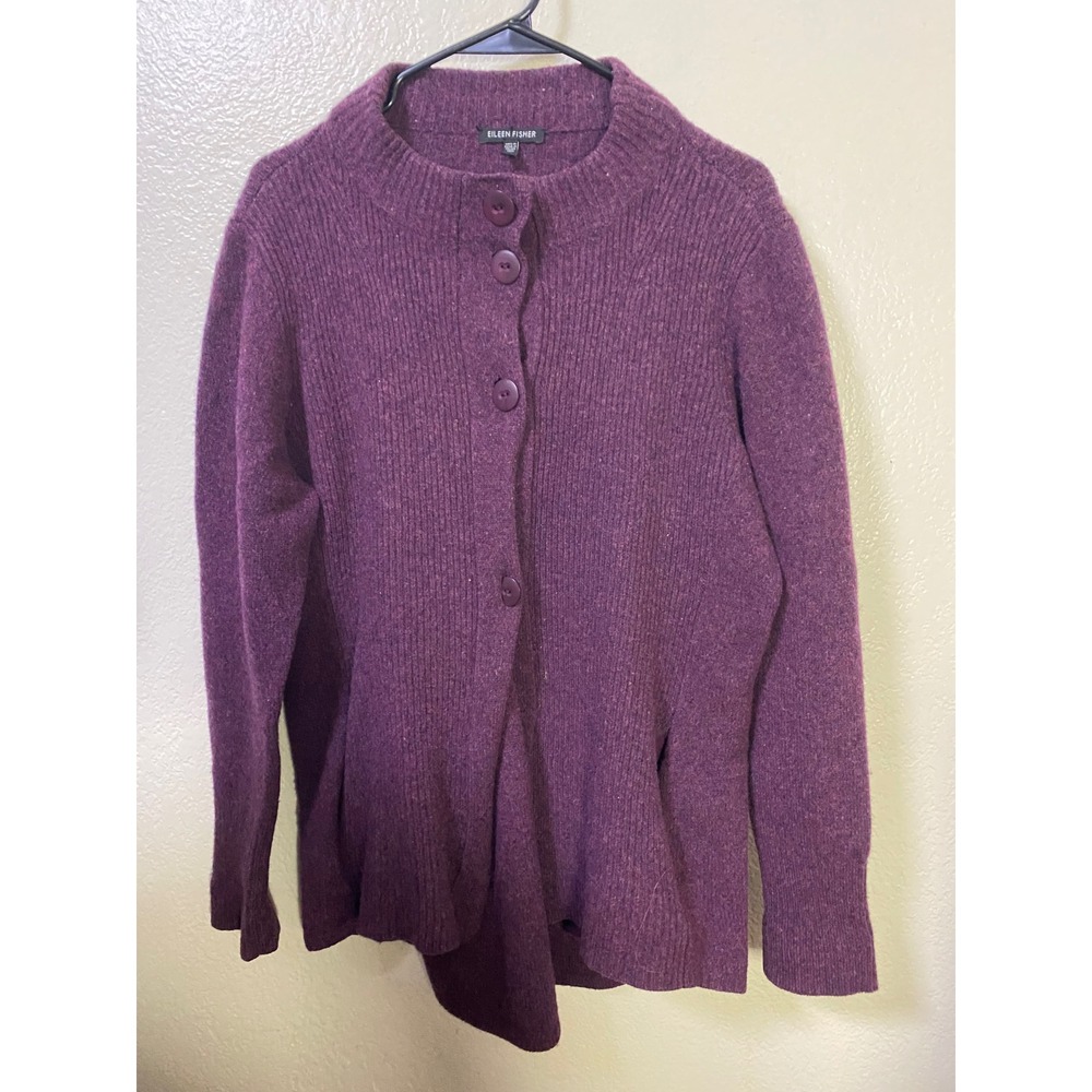 Eileen Fisher Purple Lambswool Cashmere Ribbed Mock Neck Cardigan Sweater Large